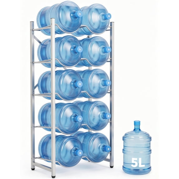 GARVEE 5 Gallon Water Jug Holder Stand,Double-Row Heavy-Duty 5-Tier Water Bottle Holder Storage Rack,Holds 10 Bottles,Silver