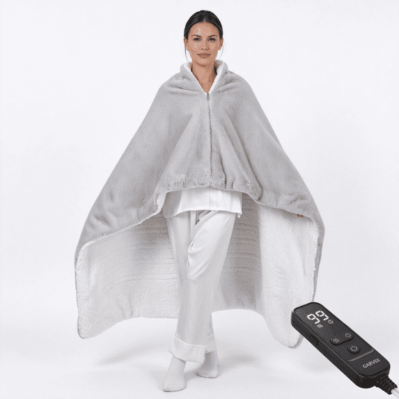 GARVEE 50" x 60" Faux Fur Wearable Heated Poncho with Zipper, 10 Heat Settings