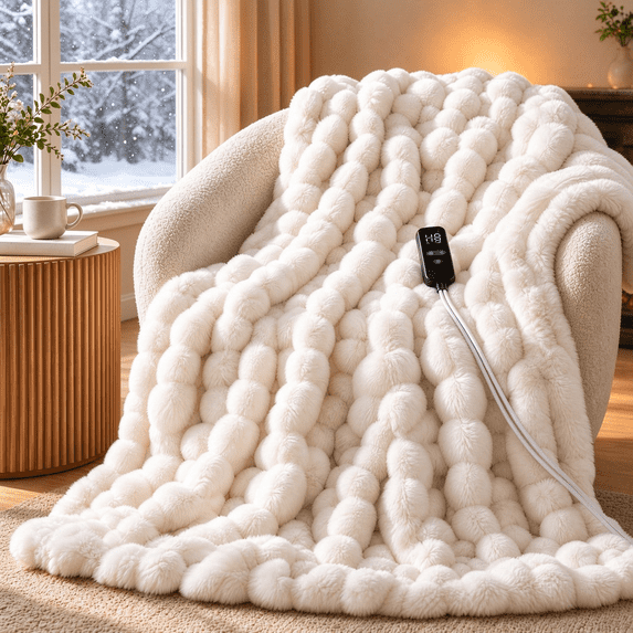 GARVEE 50" x 60" Heated Blanket Throw,Cozy Faux Rabbit Fur Bubble Electric Blanket with 10 Heat Settings & Auto-Off, White