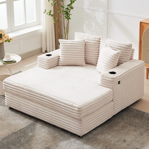GARVEE 60" Chaise Lounge Chair Indoor,Oversized Boneless Sofa Bed with Charging Station&Cup Holders & Throw Pillows,Deep Seat Sleeper Couch Reading Chairs,Beige