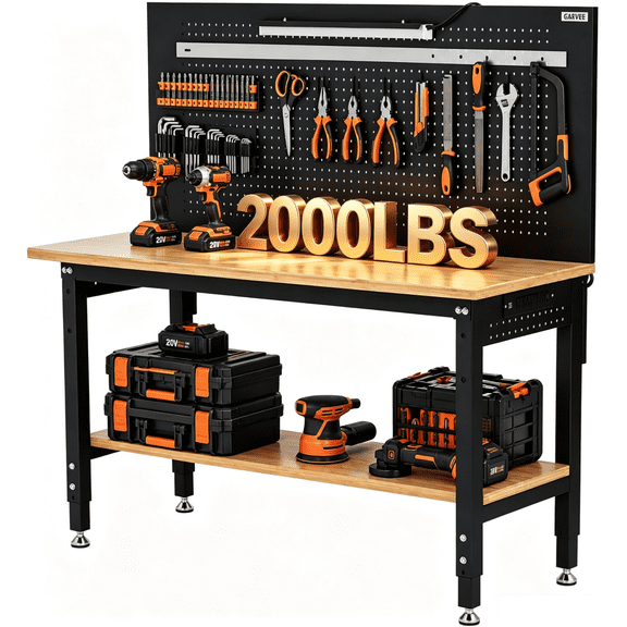 GARVEE 60x22" Adjustable Height Workbench with Pegboard,Storage Shelf,LED Light and Power Strip,2000 lb Capacity for Woodworking Shop,Garage,Home,Studio