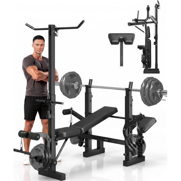 GARVEE 9-in-1 Weight Bench Set Foldable Lat Pull Down with Rack 900 lb Max Load