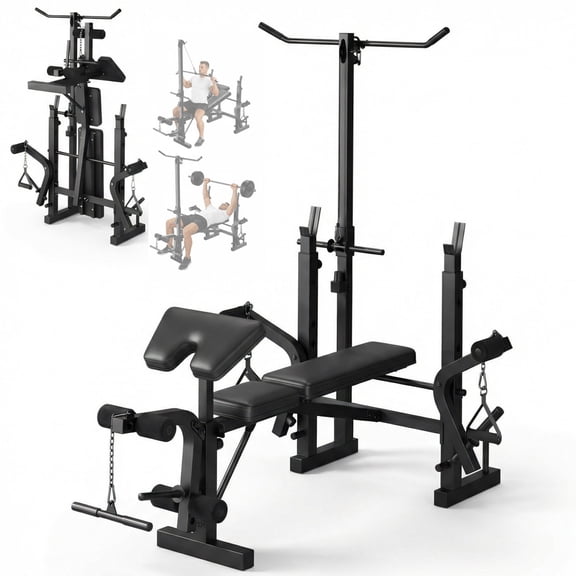 GARVEE 7-in-1 Weight Bench Set with Squat Rack,Foldable Workout Bench with Lat Pull Down Fitness Strength Training for Home Gym