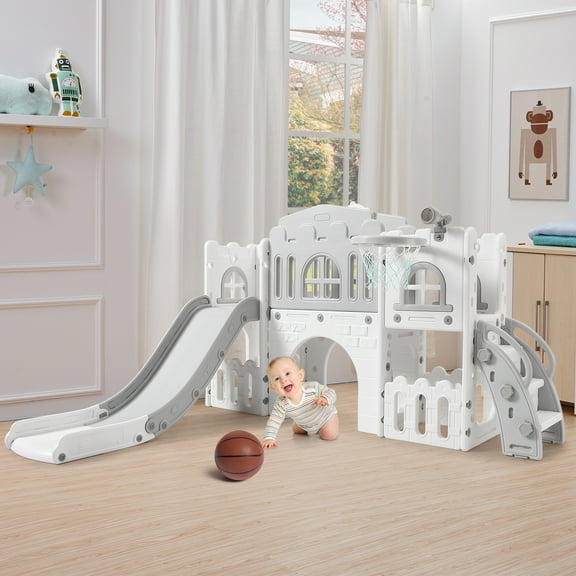 GARVEE 8-in-1 Toddler Playset with Slide Climber Basketball Hoop Tunnel for Ages 1-3 Indoor Outdoor
