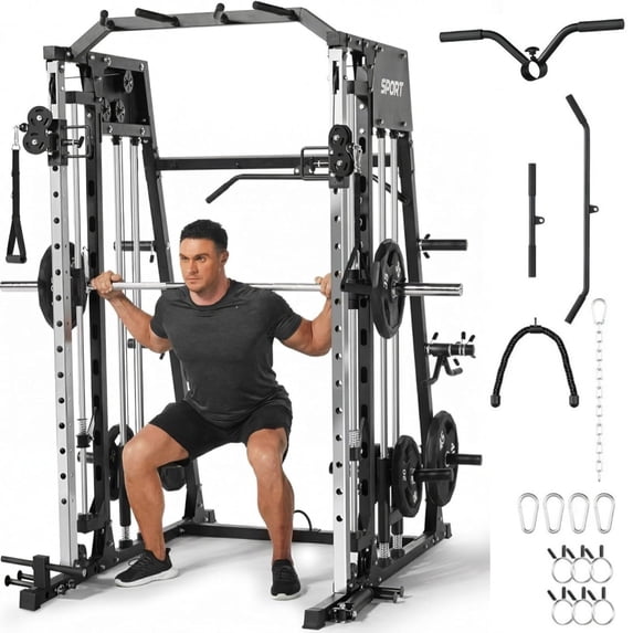GARVEE All in One Smith Machine Home Gym,2200lbs Squat Rack with Weight Bar,Dual LAT Pull-Down Systems & Cable Crossover Machine,Black
