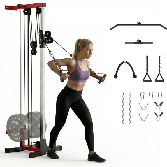 GARVEE Cable Crossover Machine,Wall Mount Cable Station with Adjustable 19 Positions Dual Pulley System,Lat Pull Down Machine with Tricep Rope,Lat Bar & Adjustable Footboard