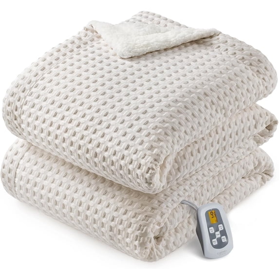 GARVEE Electric Heated Blanket Full Size,72"x84" Waffle Weave Fast Heating Blankets,10 Heat Levels & 1-12H Time Settings Auto Off,Beige