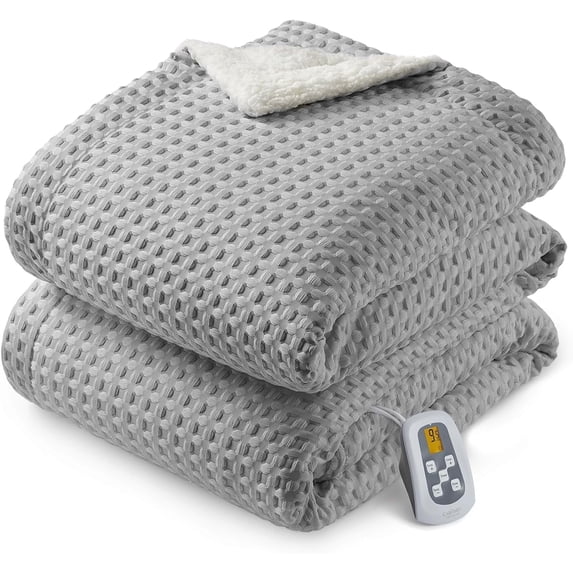 GARVEE Electric Heated Blanket Full Size,72"x84" Waffle Weave Fast Heating Blankets,10 Heat Levels & 1-12H Time Settings Auto Off,Gray