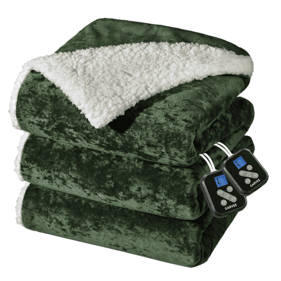 GARVEE Queen Size 84" x 90" Electric Heated Blanket, Dual Control Velvet, 10 Heat Settings, Green