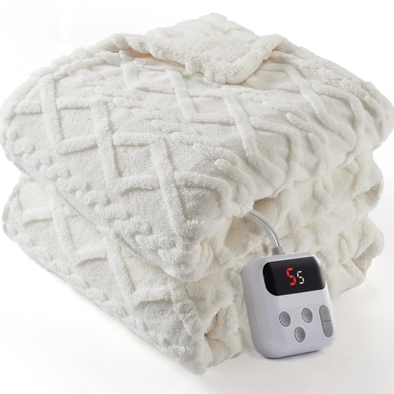 GARVEE Electric Heated Blanket Twin Size 62" x 84" with 10 Heating Levels & 10 Time Settings,Machine Washable,Off White