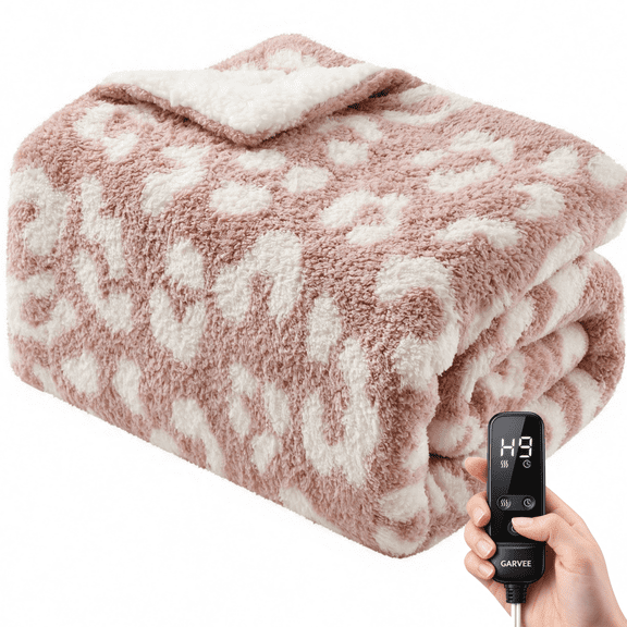 GARVEE Electric Heated Throw Blanket, 50" x 60" Soft Double Sherpa with 10 Heat Settings & 1-9H Auto-Off, Pink Leopard Print