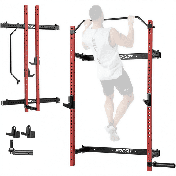 GARVEE Folding Squat Rack for Home Gym,1000 lb Capacity  Wall Mounted Power Rack,, Black&Red