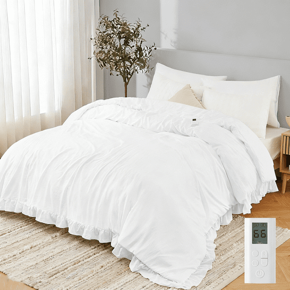 GARVEE Oversized Heated Comforter Blanket,104"X90" Cal King Size Ruffle Electric Quilt with Wireless LCD Controller,6 Heat Levels&1-10H Timer,ETL Certified,White