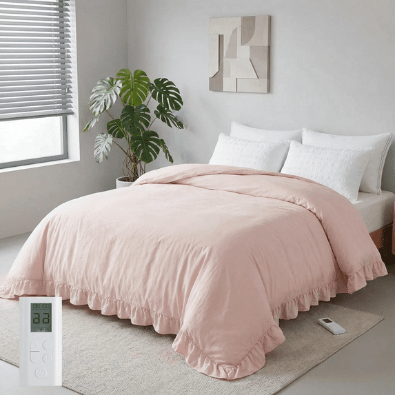 GARVEE Electric Blanket Queen Size,Heated Comforter Blanket,Ruffle Electric Quilt with Wireless LCD Controller,6 Heat Levels&1-10H Timer,ETL Certified,Pink