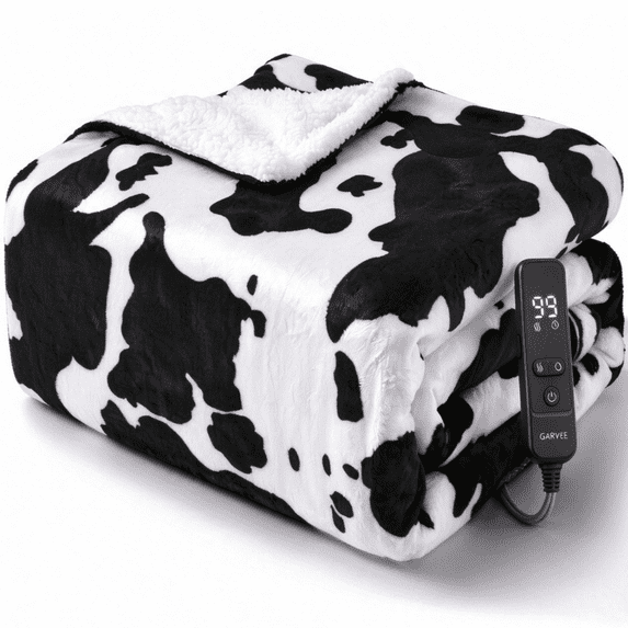 GARVEE Heated Electric Blanket,50"x60" Cow Print Fast Heating Throw Blankets with LCD Controller,10 Heat Settings&1-9H Timer Auto Shut Off,Black White