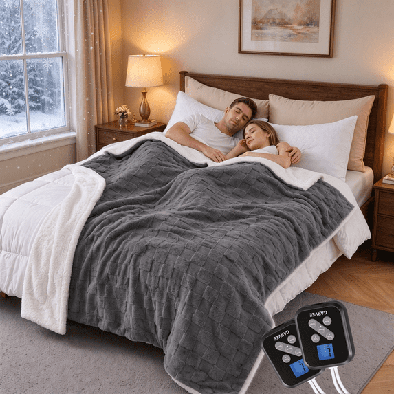 GARVEE Heated Electric Blanket, King 90"x100", Gray, Dual Control, Fast Heating, 10 Heat Levels, 10-Hour Auto-Off, 3D Jacquard Checkered Flannel Sherpa