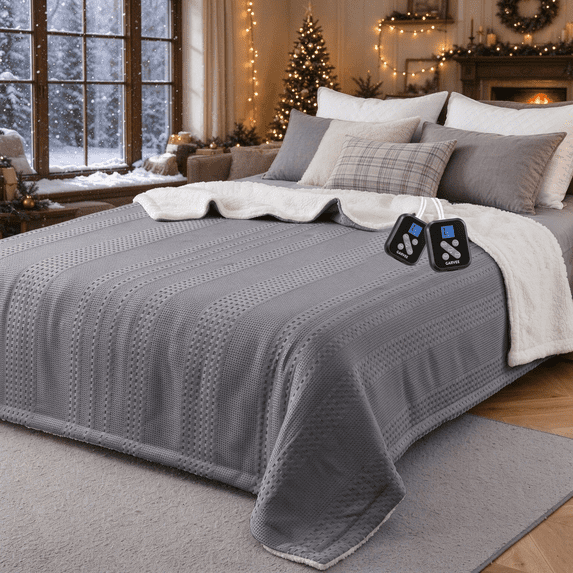 GARVEE Heated Electric Blanket King,Dual Control 100“x90" Soft Waffle Weave Fast Heating Blankets,10 Heating Levels&1-12 Hours Auto Off,,Grey