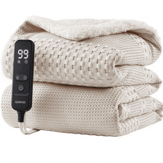 GARVEE Heated Electric Blanket Throw,50“x60" Soft Waffle Weave Fast Heating Throw,10 Heating Levels&1-9 Hours Auto Off,Khaki