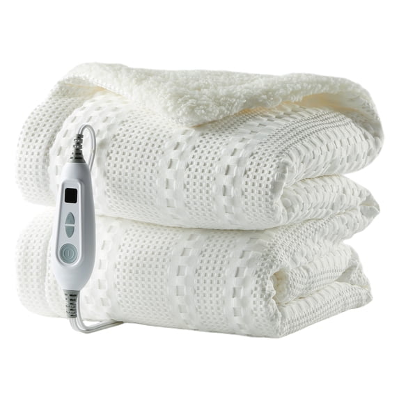 GARVEE Heated Electric Blanket Throw,50“x60" Soft Waffle Weave Fast Heating Throw,6 Heating Levels&4 Hours Auto Off,White