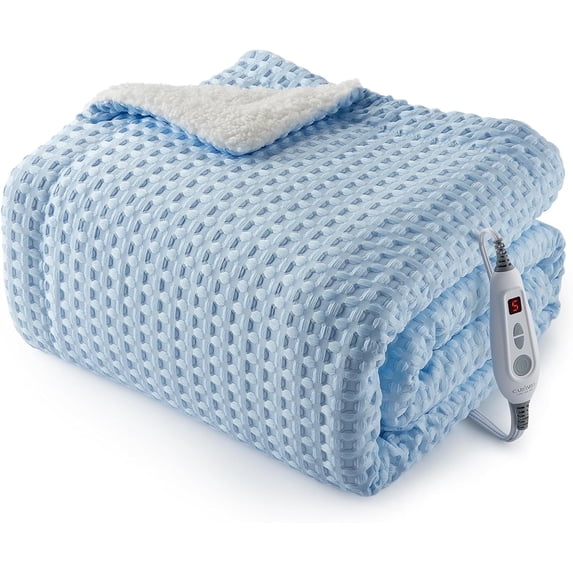 GARVEE Heated Electric Blanket Throw,50"x60" Waffle Weave Fast Heating Blankets,6 Heat Levels & 4 Hour Auto Shut Off,Blue