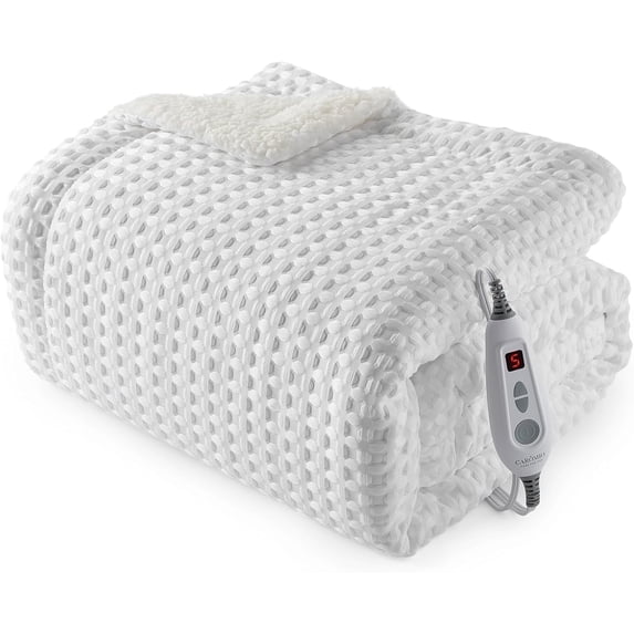 GARVEE Heated Electric Blanket Throw,50"x60" Waffle Weave Fast Heating Blankets,6 Heat Levels & 4 Hour Auto Shut Off,White