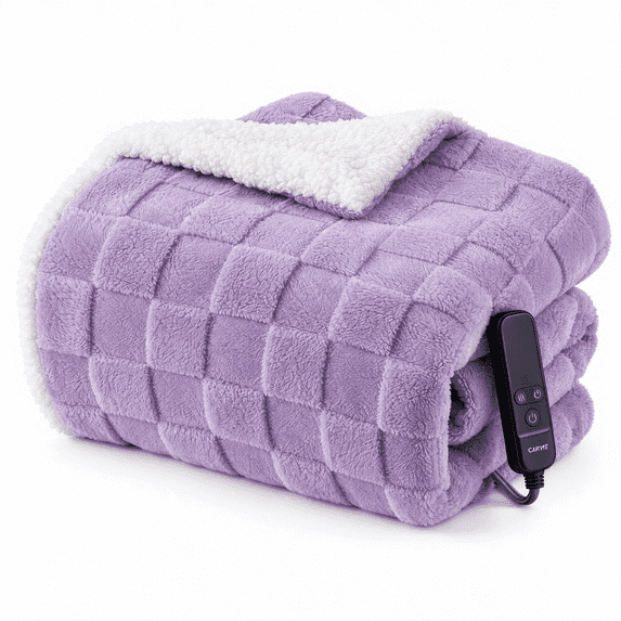 GARVEE Electric Heated Throw Blanket 50" x 60", Purple Jacquard Flannel Sherpa with 10 Heat Settings & Auto-Off Timer