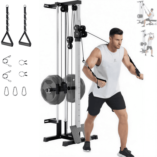 GARVEE Dual Pulley Cable Machine,Wall Mounted LAT Pulldown & Crossover Pulley System for Home Gym Strength Training,19 Adjustable Positions,Space Saving