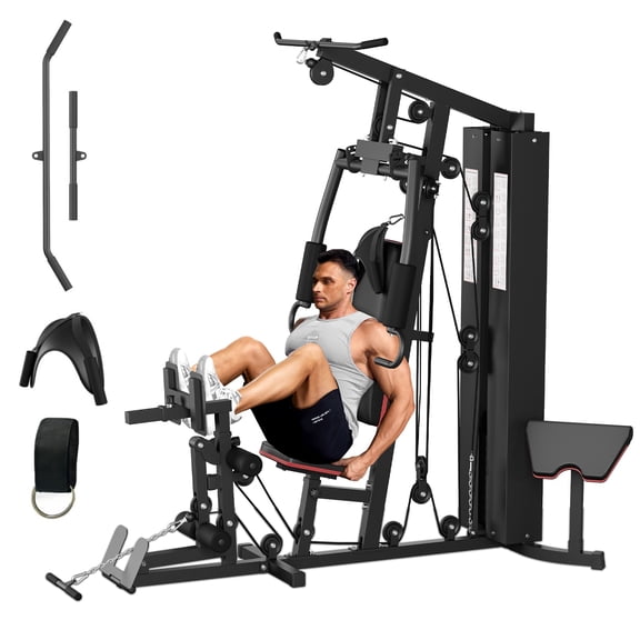 GARVEE Home Gym Station,Multifunctional Full Body Workout Machine with 150LBS Weight Stack,Preacher Curl Pad,Leg Developer for Strength Training,Black