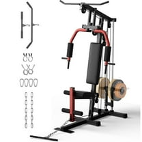 GARVEE Home Gym Station, Multifunctional Home Gym Equipment for All Body Training with Leg Press & Pulley System, Red