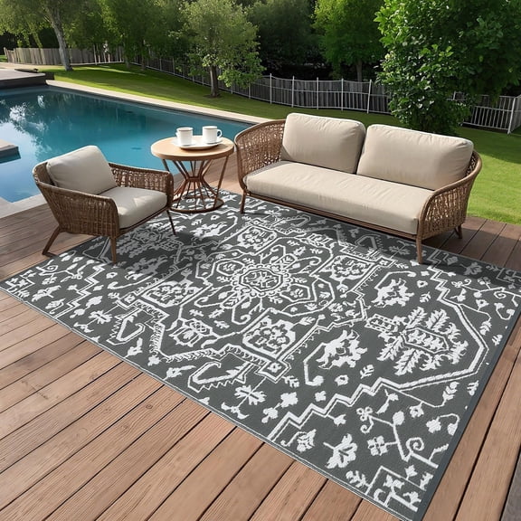 GARVEE Outdoor Rug 8'x10' Waterproof Patio Rug Reversible Indoor Outdoor Rug Plastic Straw Large Outdoor Rug for RV Camping Deck Balcony,Picnic,Gray