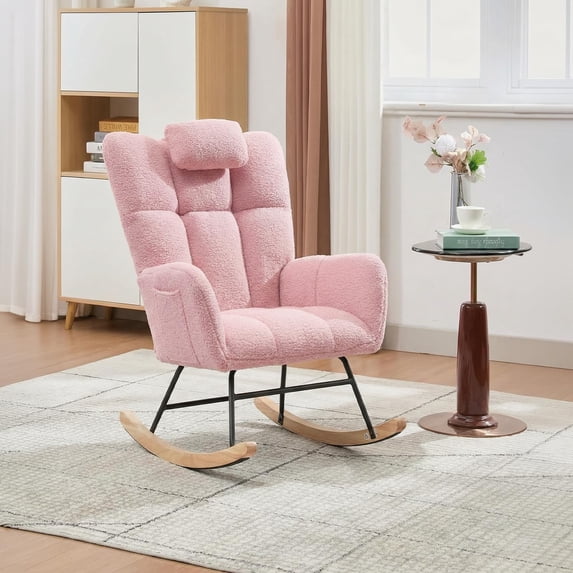 GARVEE Plush Teddy Upholstered Rocking Chair with High Backrest & Headrest for Nursery,Glider Rocker for Adults,Chair for Living Room Bedroom,Pink