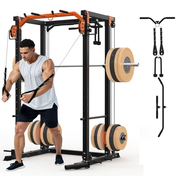 GARVEE Multi-Functional Squat Rack with LAT Pulldown System Exercise Power Cages,2000lb Capacity,Black&Orange