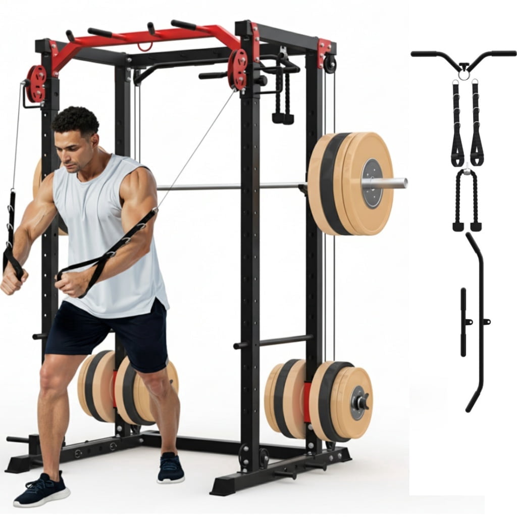 GARVEE Multi-Functional Squat Rack with LAT Pulldown System Exercise Power Cages,2000lb Capacity,Black&Red