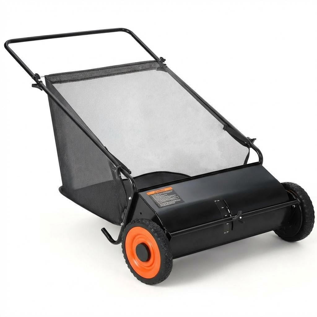 GARVEE Push Lawn Sweeper,21-inch Width Enhanced 4-Brush System Collector for Leaves & Grass,Strong Rubber Wheels & Heavy Duty Thickened Steel & 3.5 Cu. ft Hopper Bag,Black&Orange