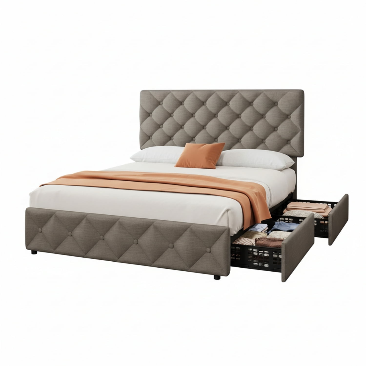GARVEE Queen Size Bed Frame, with 4 Storage Drawers & Adjustable Headboard, Light Gray