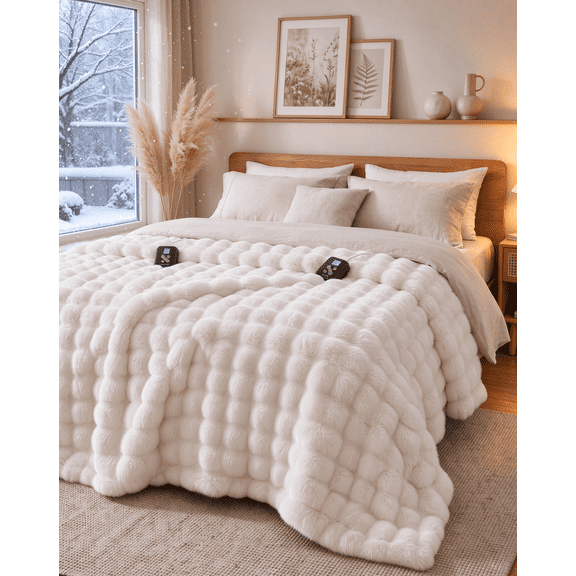 GARVEE Queen Size Faux Rabbit Fur Heated Blanket 84" x 90" with 10 Heat Settings&Overheat Protection, White