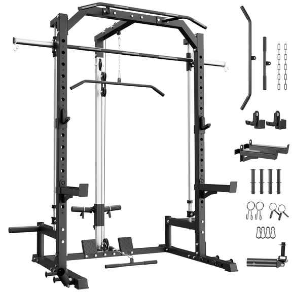 GARVEE Smith Machine with Barbell Bar,Cable System,Lat Pulldown Attachments,J Hooks, Landmine,Safety Spotter Arms,Multi-Functional Squat Rack for Home Gym