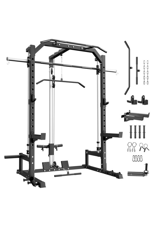 Smith Machine with Barbell Bar,Cable System,Lat Pulldown Attachments,J Hooks, Landmine,Safety Spotter Arms,Multi-Functional Squat Rack for Home Gym