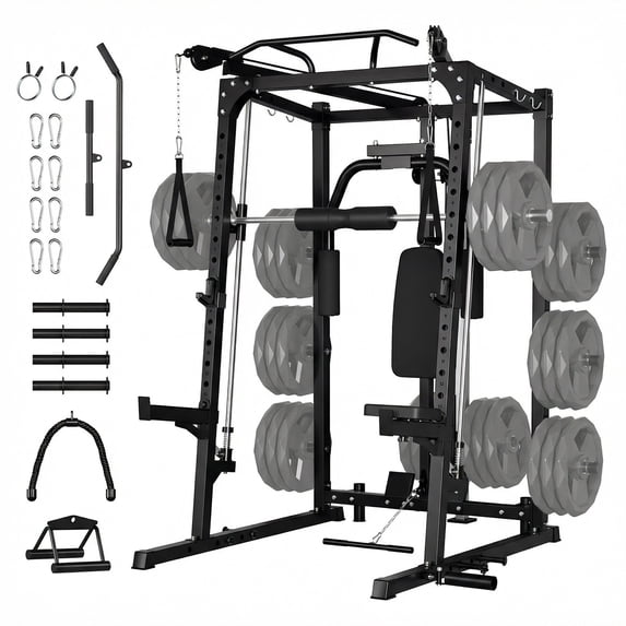 GARVEE Smith Machine Home Gym, 2000 lbs Multi-Function Power Cage Cable Crossover System, Black Carbon Steel