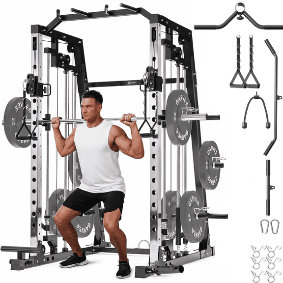 GARVEE Smith Machine Home Gym Power Cage,2200 lbs Squat Rack with LAT Pulldown,Cable Crossover & Leg Hold-Down,Full Body Strength Equipment for Home Workout,Black