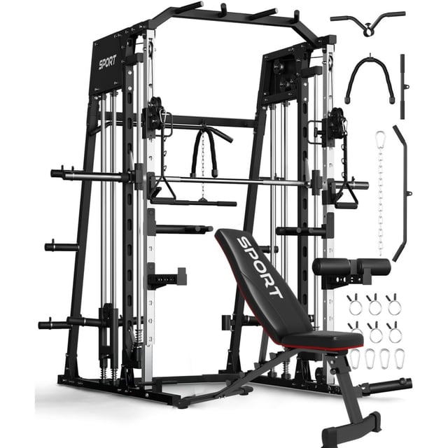 GARVEE Smith Machines Home Gym with Bench,200lbs Squat Rack Power Cage with Smith Bar,LAT Pull-Down,Cable Systems,Leg Hold-Down and More Attachments,Black