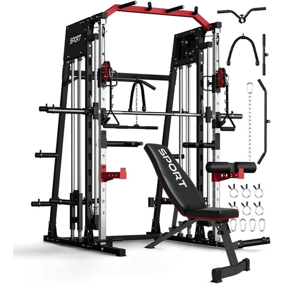 GARVEE Smith Machines Home Gym with Bench,200lbs Squat Rack Power Cage with Smith Bar,LAT Pull-Down,Cable Systems,Leg Hold-Down and More Attachments,Red & Black