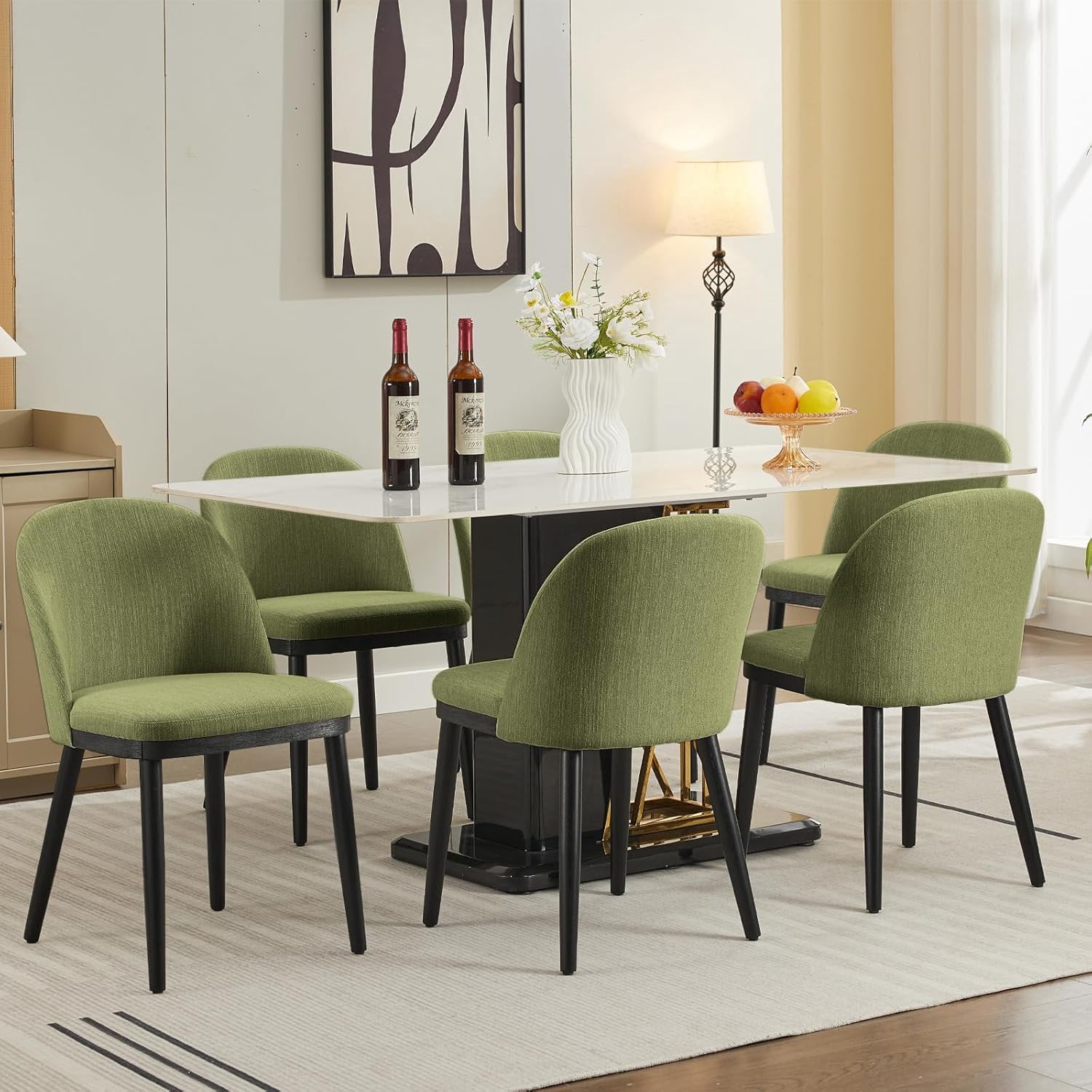 GARVEE Upholstered Dining Chairs Set of 6,Mid-Century Modern Dining Chair with Rubberwood Legs,Green
