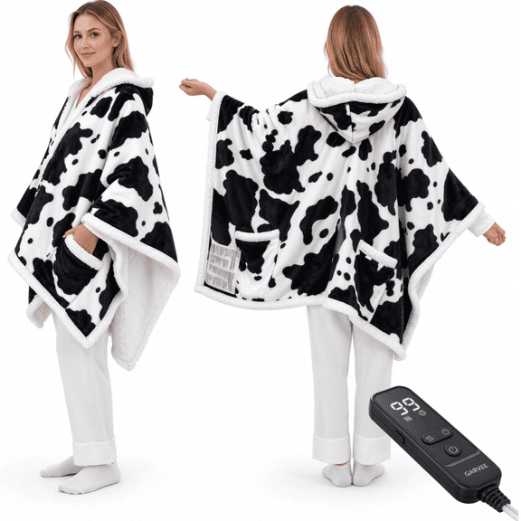 GARVEE Wearable Heated Throw Blanket, Flannel Sherpa Electric Shawl Wrap with Pockets, 50x60 in, 6 Heat Levels, 2-10 Hr Auto Shut-Off, Cow Print