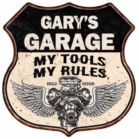 GARY'S Garage My Tools My Rules V8 Wings 12x12 Metal Sign 211110026029