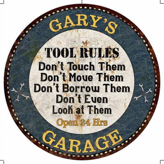 GARY'S Garage Rules 14" Round Metal Sign Garage Bar Wall Decor 100140015059