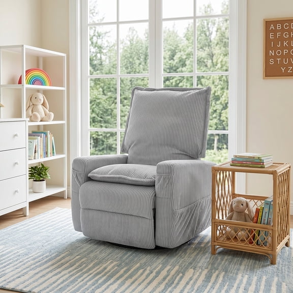 GASEE Baby Upholstered Glider Recliner Rocking Chair 360° Swivel for Nursery and Living Room – Corduroy Blue