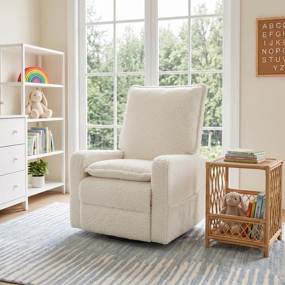 GASEE Baby Upholstered Glider Recliner Rocking Chair 360° Swivel for Nursery and Living Room – Teddy Fleece White​