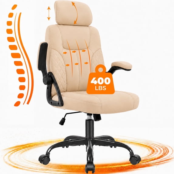 GASEE Leather Office Chair, Big and Tall Office Chair 400LBS Wide Seat Ergonomic Computer Desk Chair High Back Executive Leather Chair Adjustable Task Chair Lumbar Back with 1-Year Warranty, Beige