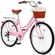 26" City Bike,Cruiser Bike with Basket, Shimano 7-Speed Women Hybrid Bike, Rear Rack, Pink